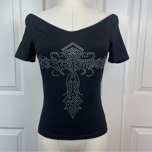 ROMWE Black Studded Short Sleeve Top